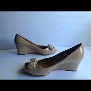 Ferragamo Beige Patent Wedge Heels 9.5